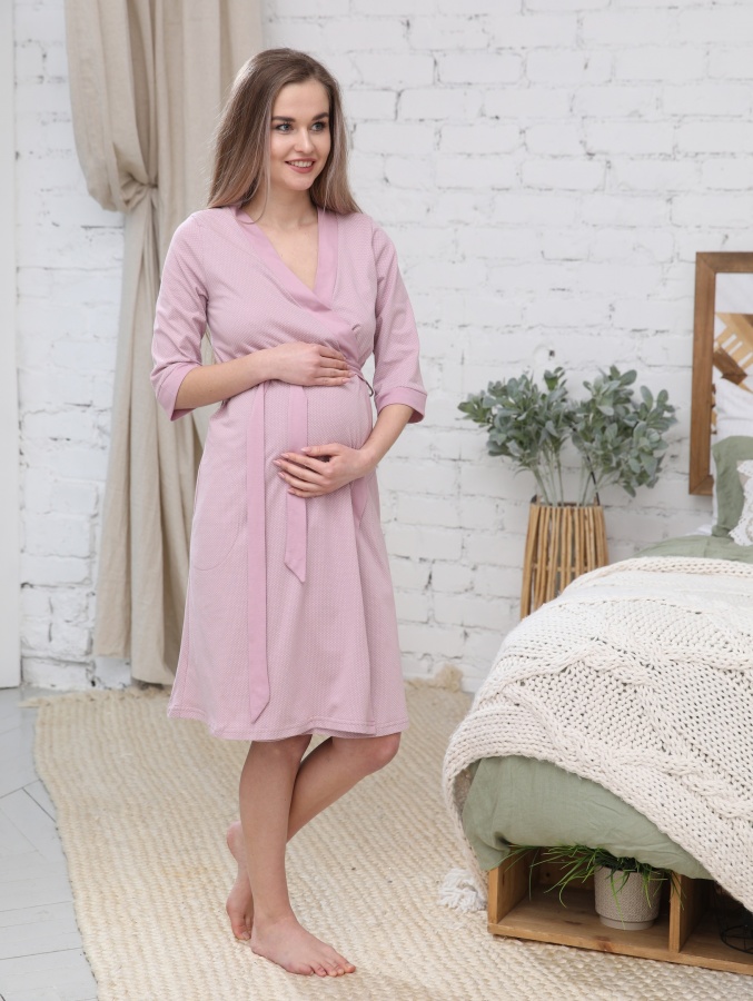 П03504В Халат для беременных женщин, Пудровый/белый